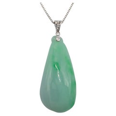 Apple Green Carved Burmese Jadeite Jade Fortune Melon Pendant in 18K White Gold