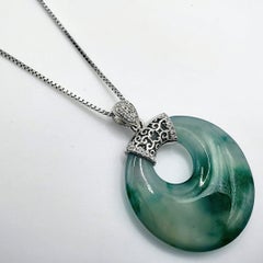 Burmese Icy Floating Flower Eternity Circle Jadeite Jade Diamond 18K Pendant