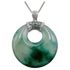 Burmese Icy Floating Flower Eternity Circle Jadeite Jade Diamond 18K Pendant
