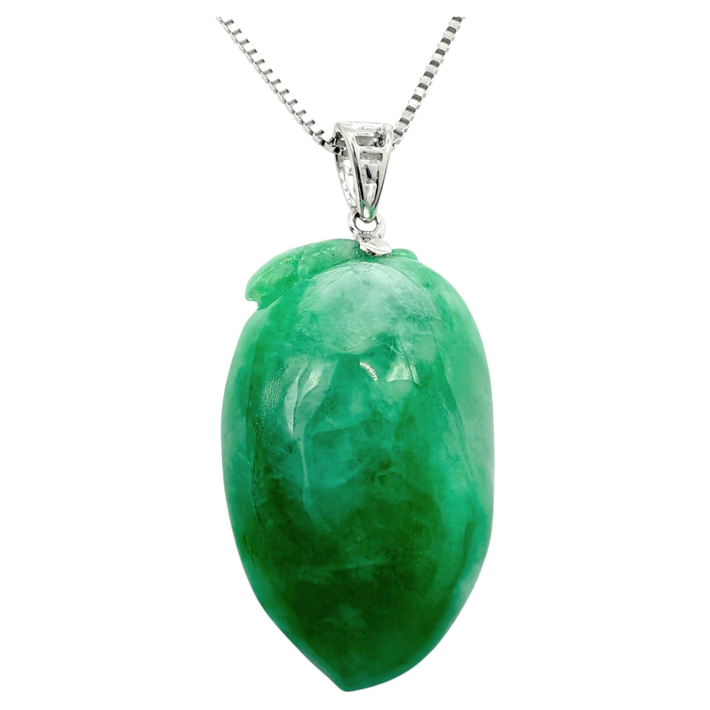 Burmese Emerald Green Carved Longevity Peach Jadeite Jade Pendant 18K White Gold