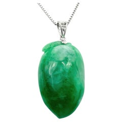 Burmese Emerald Green Carved Longevity Peach Jadeite Jade Pendant 18K White Gold