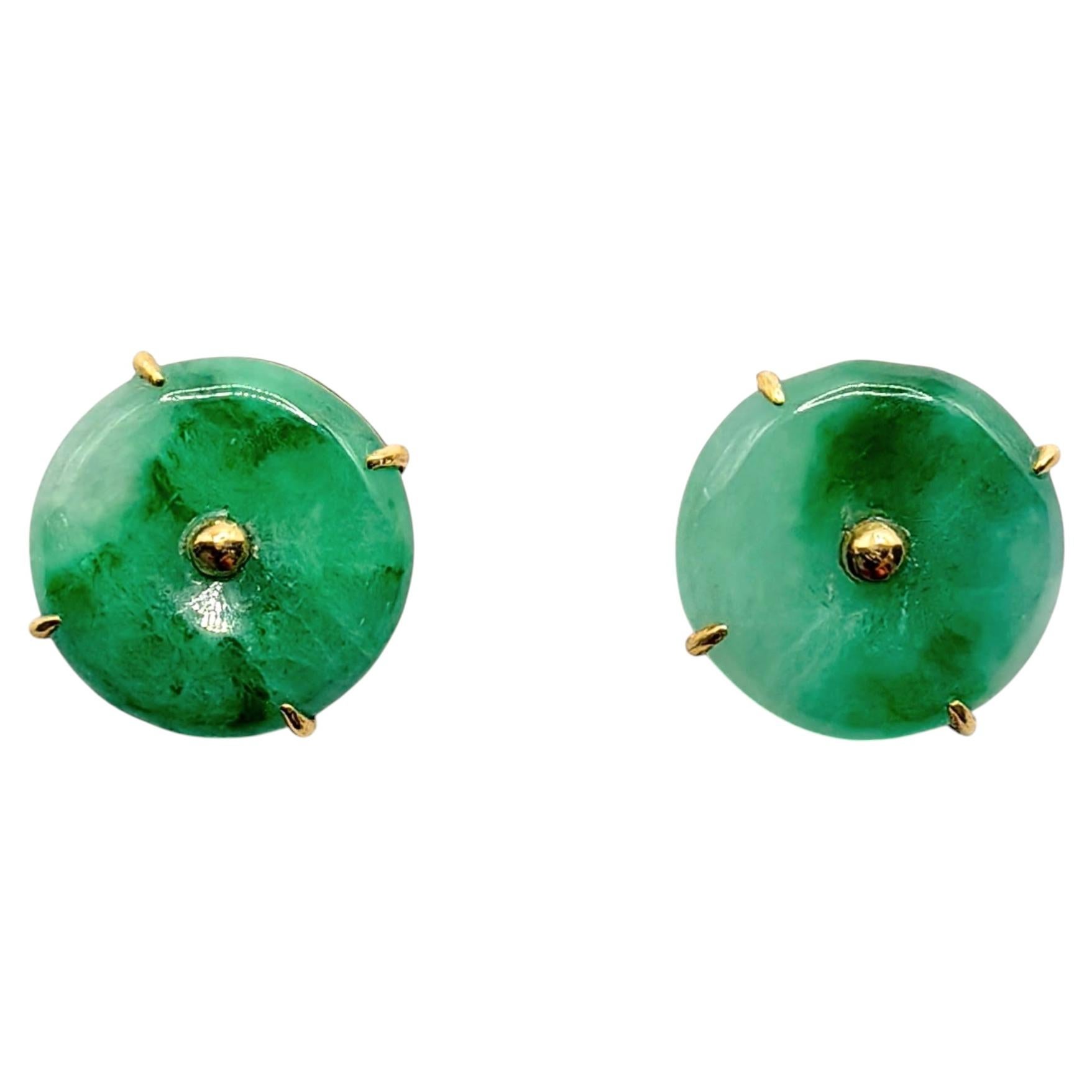 Burmese Apple Green Jadeite Jade Stud Earrings Emerald Veins in 18K Yellow Gold
