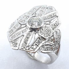 Vintage Art Deco Style Diamond Milgrain Shield Cocktail Ring 18K White Gold
