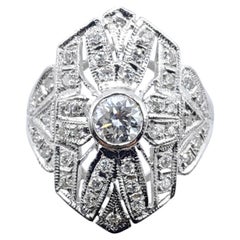 Vintage Art Deco Style Diamond Milgrain Shield Cocktail Ring 18K White Gold