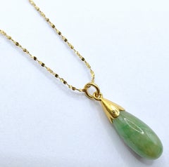 Vintage Burmese Green Jadeite Jade Teardrop Charm Pendant in 24K Yellow Gold