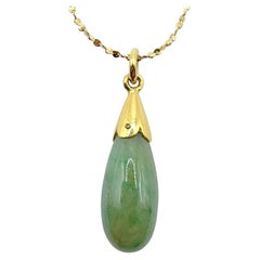 Vintage Burmese Green Jadeite Jade Teardrop Charm Pendant in 24K Yellow Gold