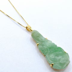 Carved Burmese Green Jadeite Jade Guanyin Lotus Pendant in 18K Yellow Gold