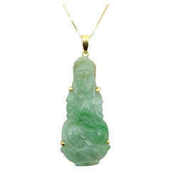 Carved Burmese Green Jadeite Jade Guanyin Lotus Pendant in 18K Yellow Gold