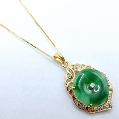 Green Jadeite Jade Pi Disc Diamond Scalloped Frame Pendant in 18K Yellow Gold