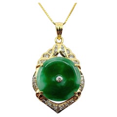 Green Jadeite Jade Pi Disc Diamond Scalloped Frame Pendant in 18K Yellow Gold