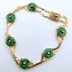 Burmese Green Jadeite Jade Pi Disc Diamond Dual Strand Bracelet 14K Yellow Gold