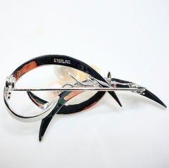 Vintage Mid-Century Modernist Tricolor Pearl Ribbon Spray Rhodium Silver Brooch