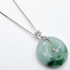 Burmese Peace Buckle Pi Disc Green Jadeite Jade Diamond Pendant 18K White Gold