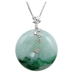 Burmese Peace Buckle Pi Disc Green Jadeite Jade Diamond Pendant 18K White Gold