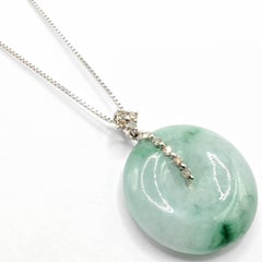 Burmese Floating Green Jadeite Jade Peace Buckle Diamond Pendant 18K White Gold