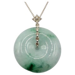Burmese Floating Green Jadeite Jade Peace Buckle Diamond Pendant 18K White Gold