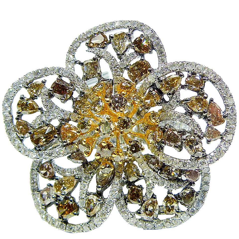 Multi-Color Diamond Gold Flower Ring