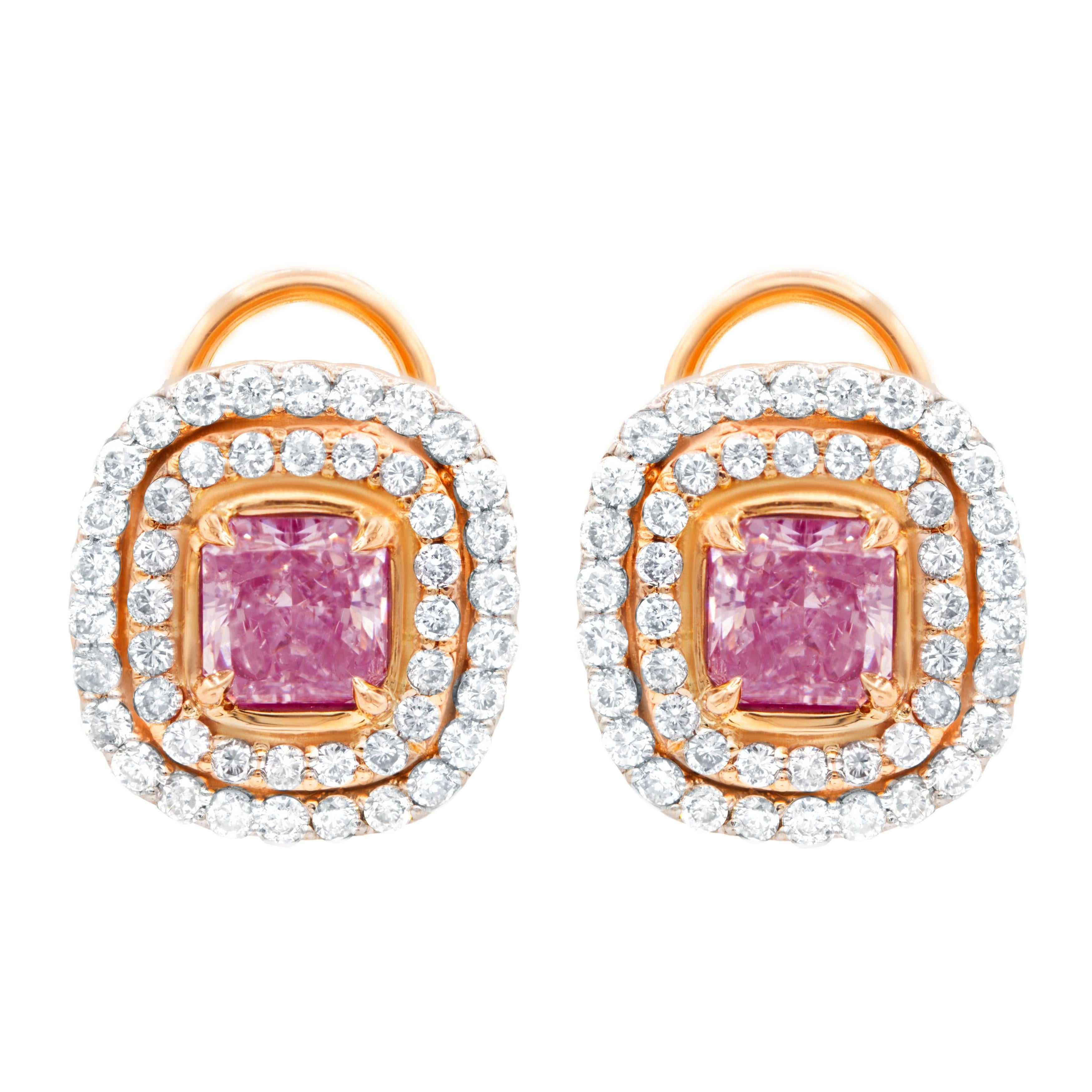 GIA Certified 3.30 Carat TDW Fancy Pink Diamond Stud Earrings