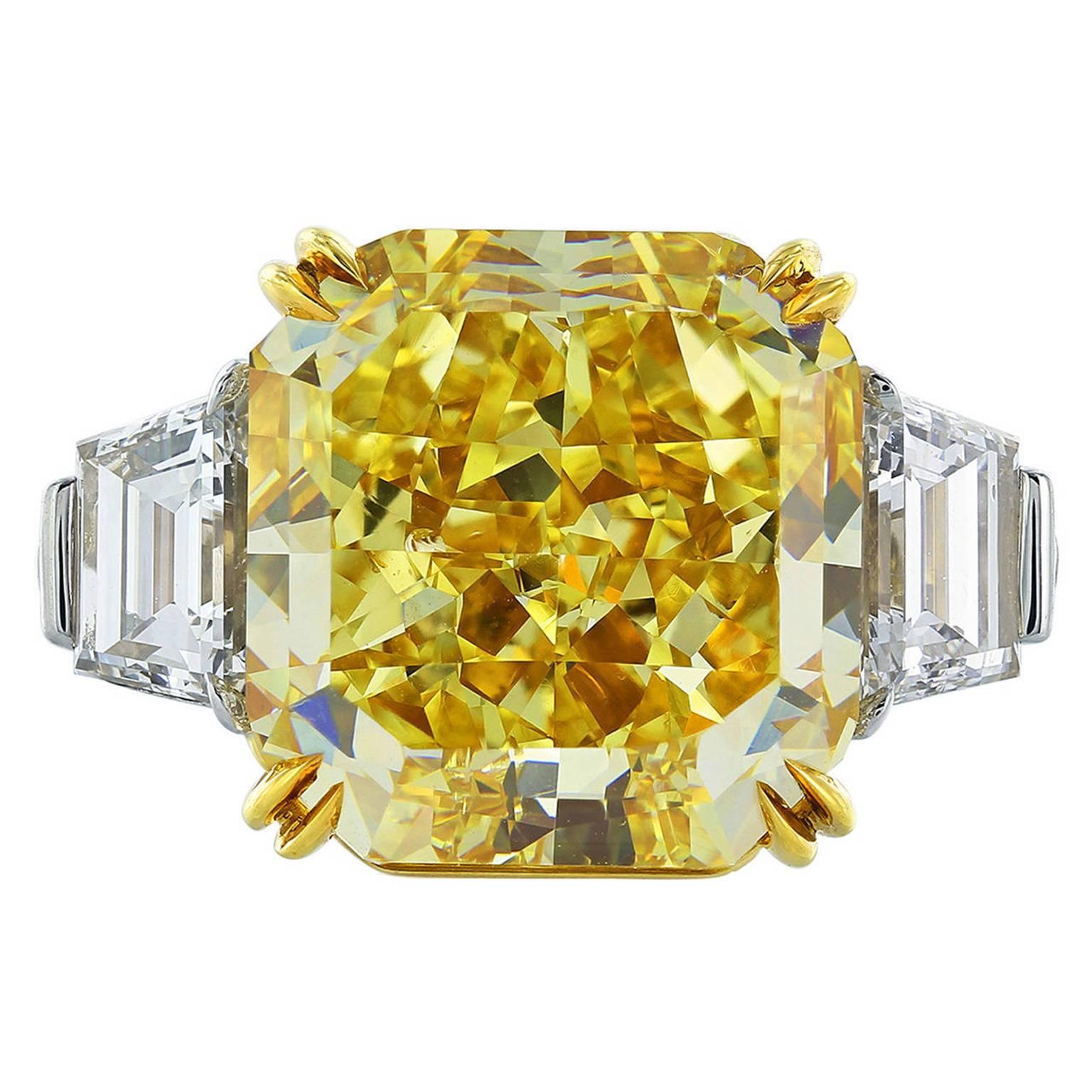 Magnificent 10.18 Carat Fancy Intense Yellow Internally Flawless Diamond Ring For Sale