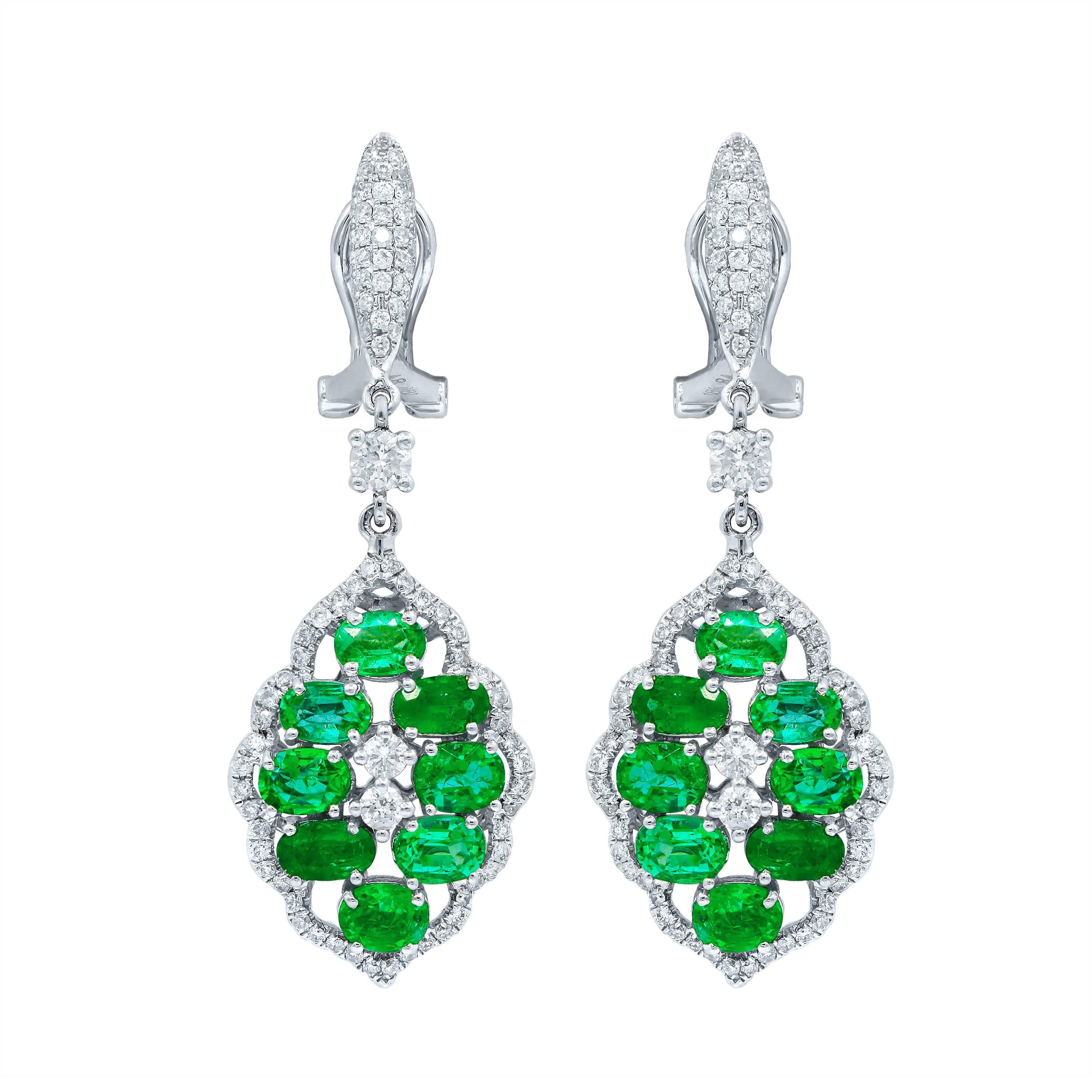 18 Karat White Gold, Diamond and Emerald Drop Design Earrings