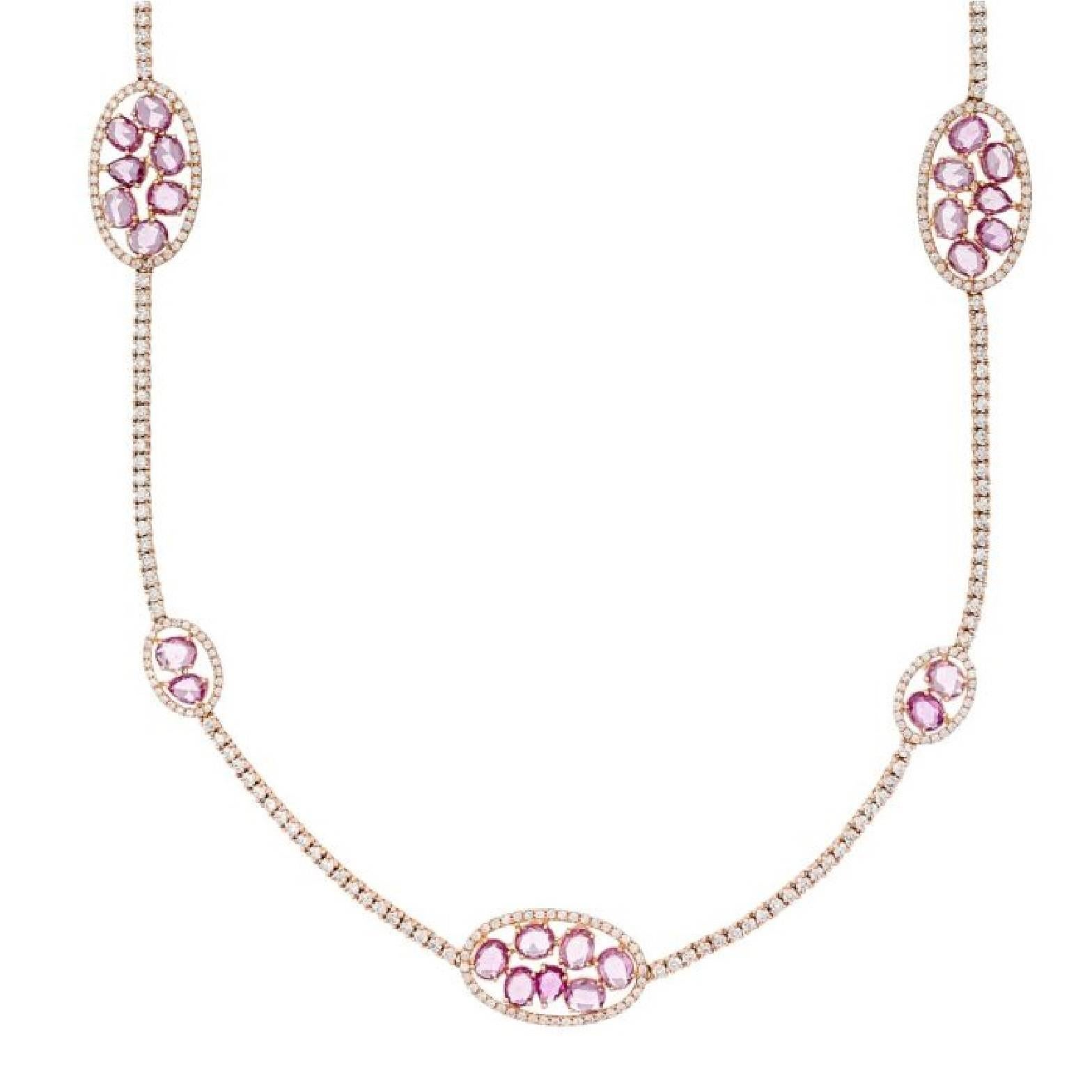 18k Rose Gold, Diamond & Pink Sapphire Necklace, Oval design nautural unheated roze cut sapphires
Tab insert with safety clasp
Necklace length: 26