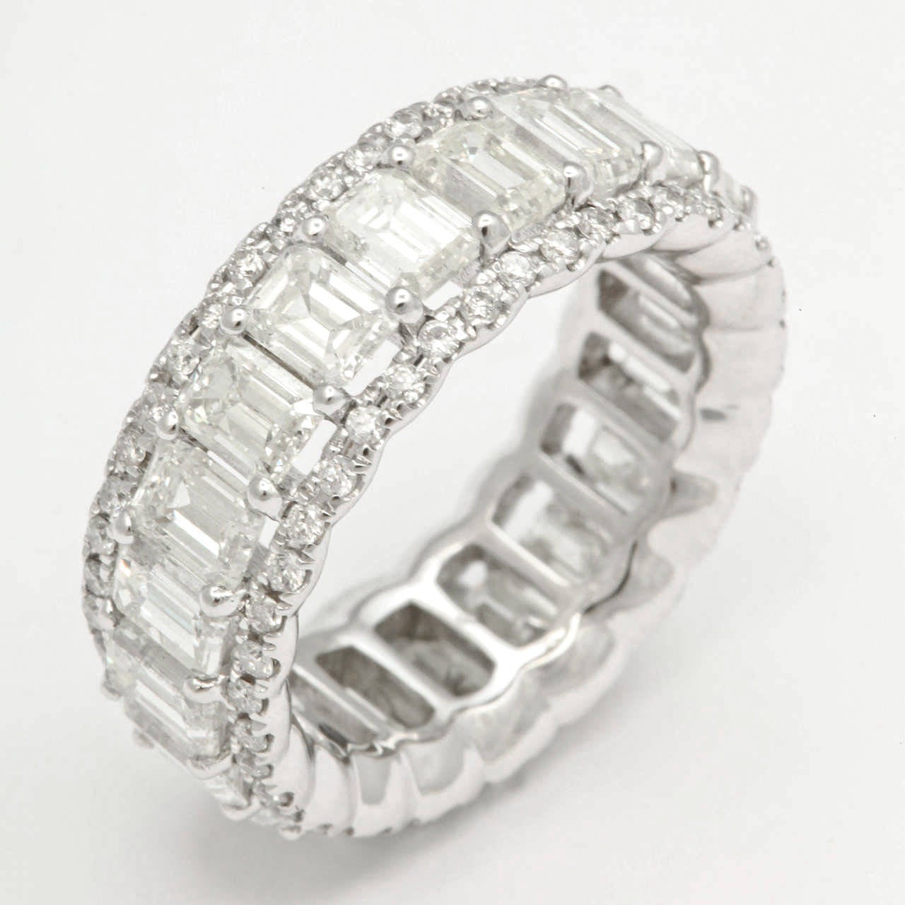 Absolutely stunning emerald cut eternity band, designed by Diana M. Jewels for Spring/Summer 2015 Collection.
This eternity band features 6.13 Carats of Diamonds. Set in 18KT White gold custom made setting. 
Available in different ring sizes and