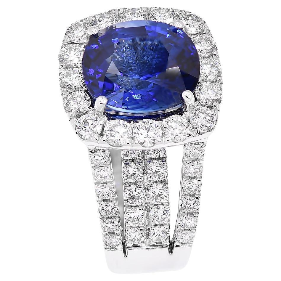 18 kt white gold sapphire diamond ring featuring a 6.24 ct Sri Lanka natural cushion cut sapphire (REPORT CDC#1801445) with 2.56 cts tw of diamonds around (C.Dunaigre certified-10.29 gm, 91 stones).
Diana M. is a leading supplier of top-quality fine