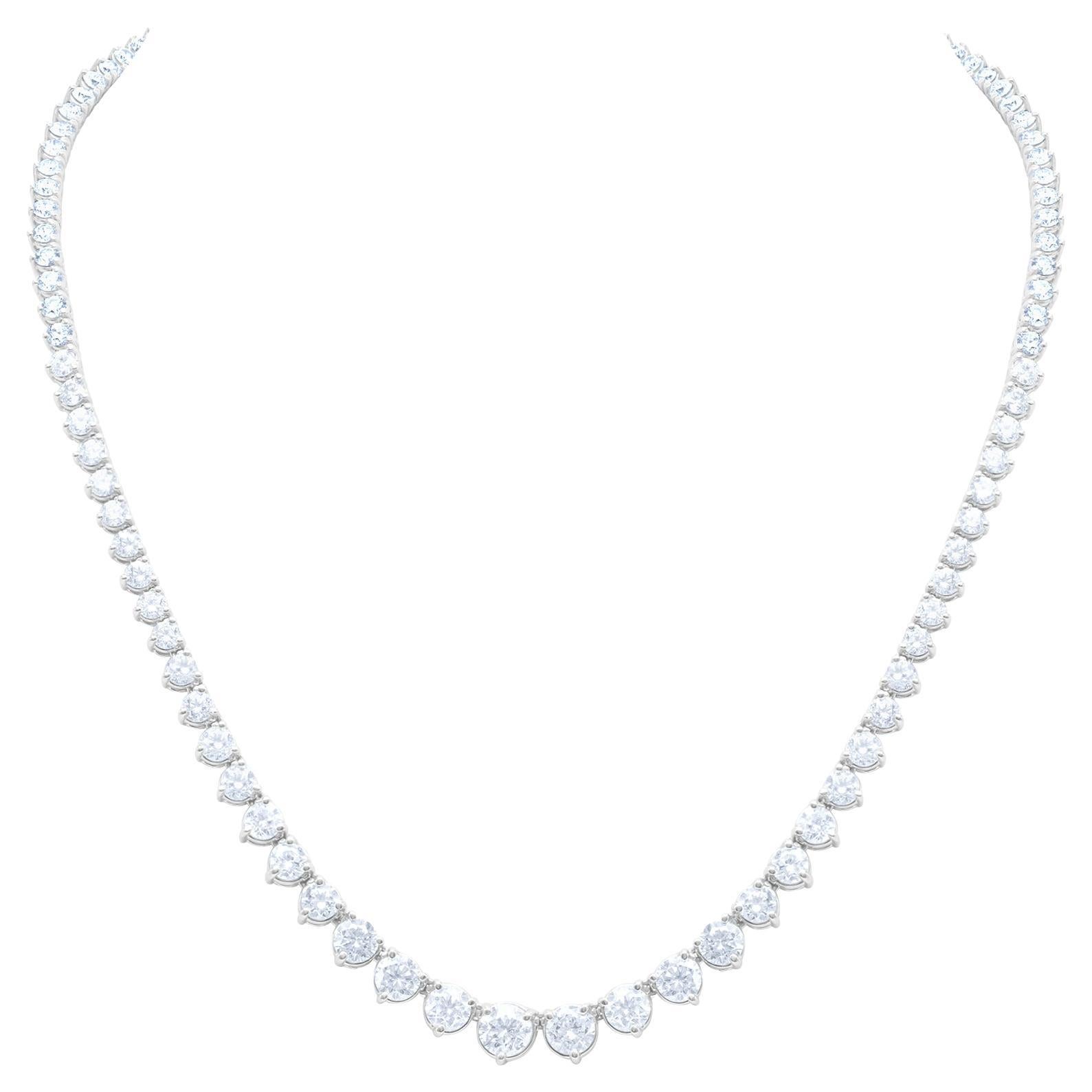 Diana M.23.10 cts 3 Prong 18k White Gold Graduated  Riviera Tennis Necklace  For Sale