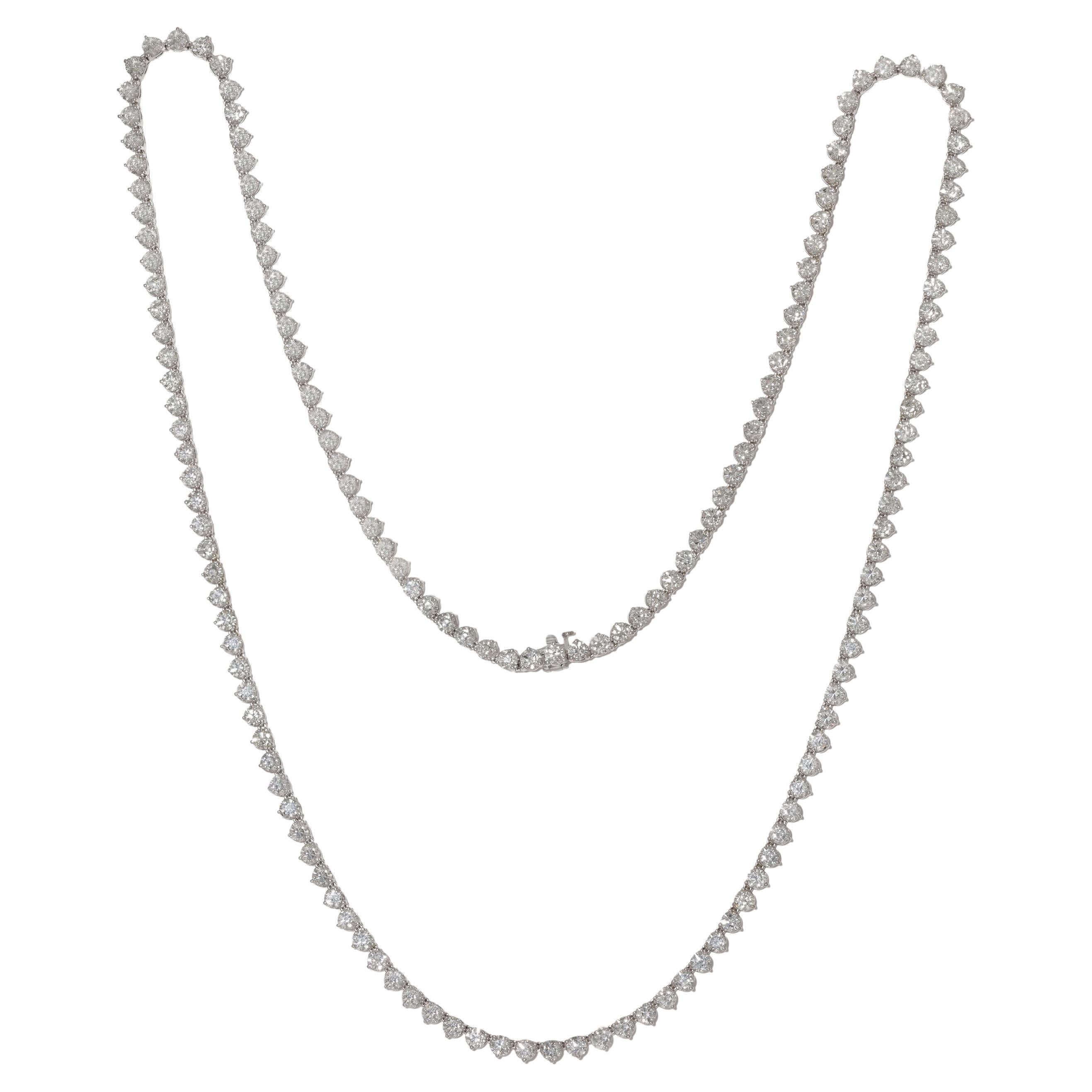 Diana M.Custom 43.47 Cts Round 3 Prong  Diamond 18k White Gold Tennis Necklace For Sale