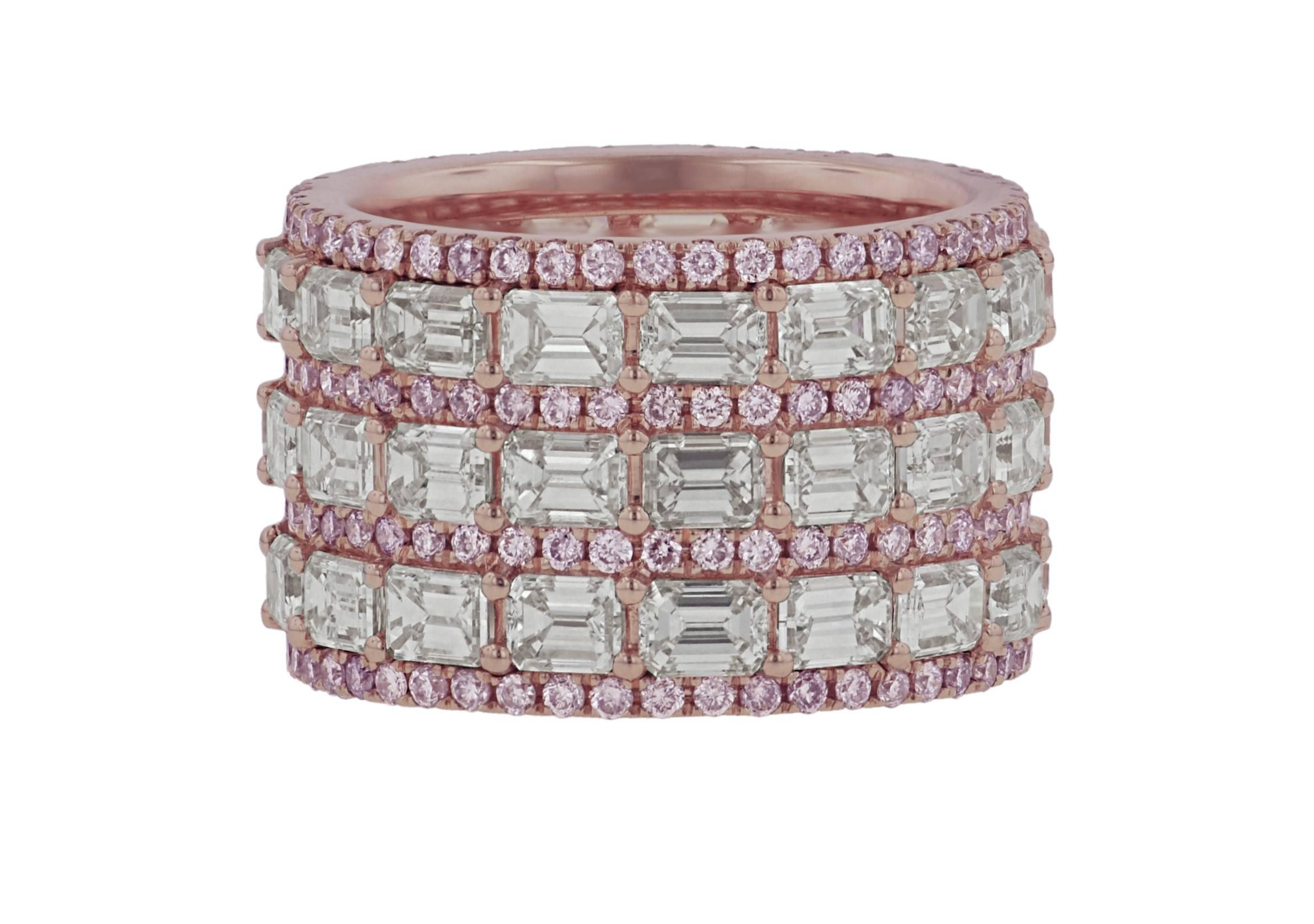 Emerald Cut Natural Pink and White Diamond Band 