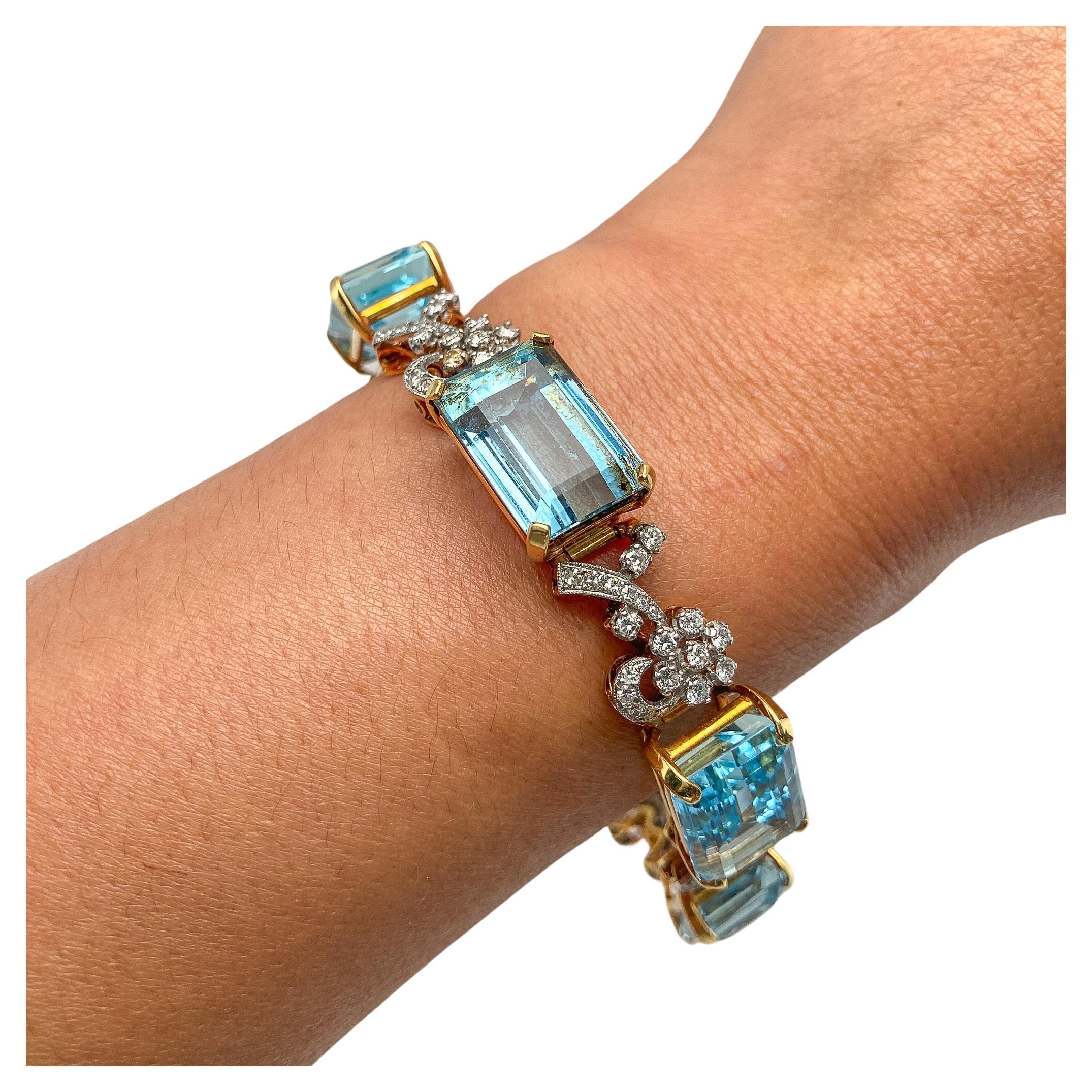 Diana M. Vintage Aquamarine & Diamond Bracelet, 18k Natural No Heat  For Sale