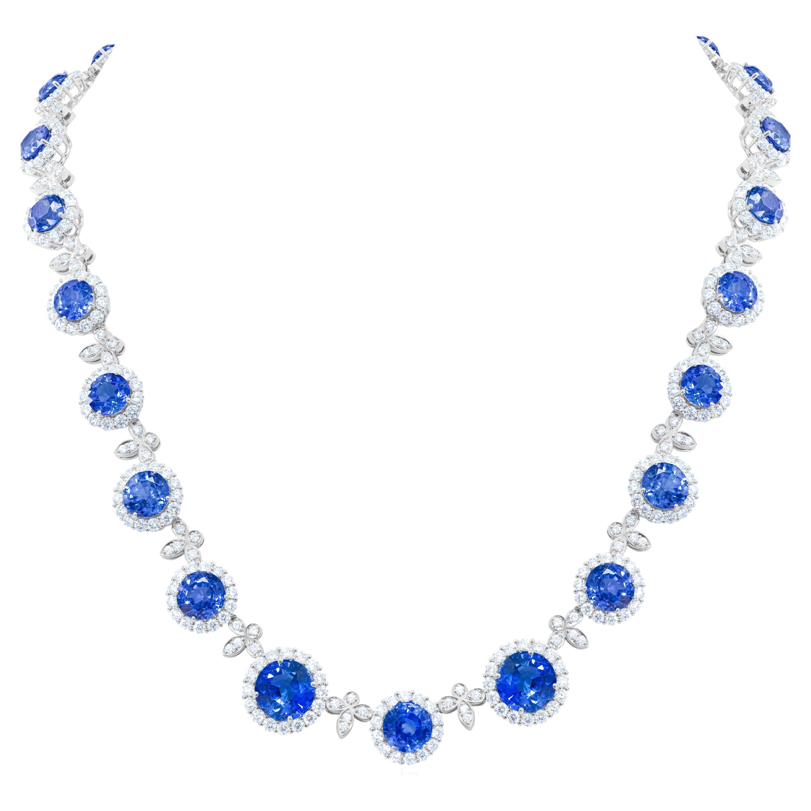 Diana M. one of a kind No Heat Sapphire Necklace 45ct Sapp and 12cts FG VS Diam For Sale