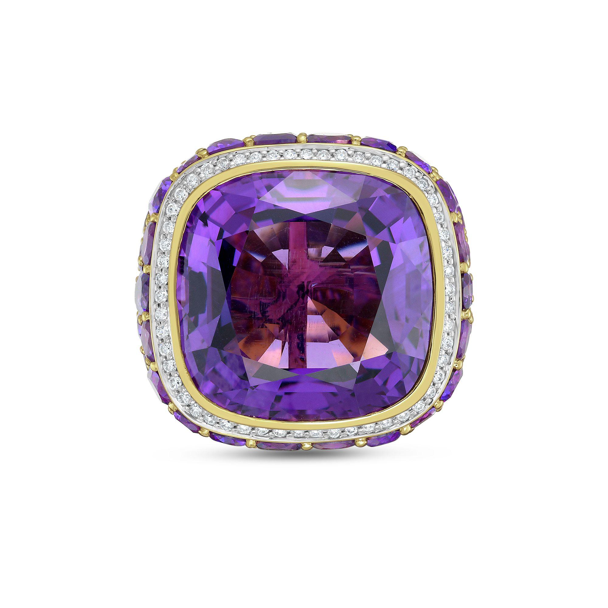 Anello Diana M. I. in oro 18kt a cuscino con ametista e diamanti da 51 carati in vendita 3