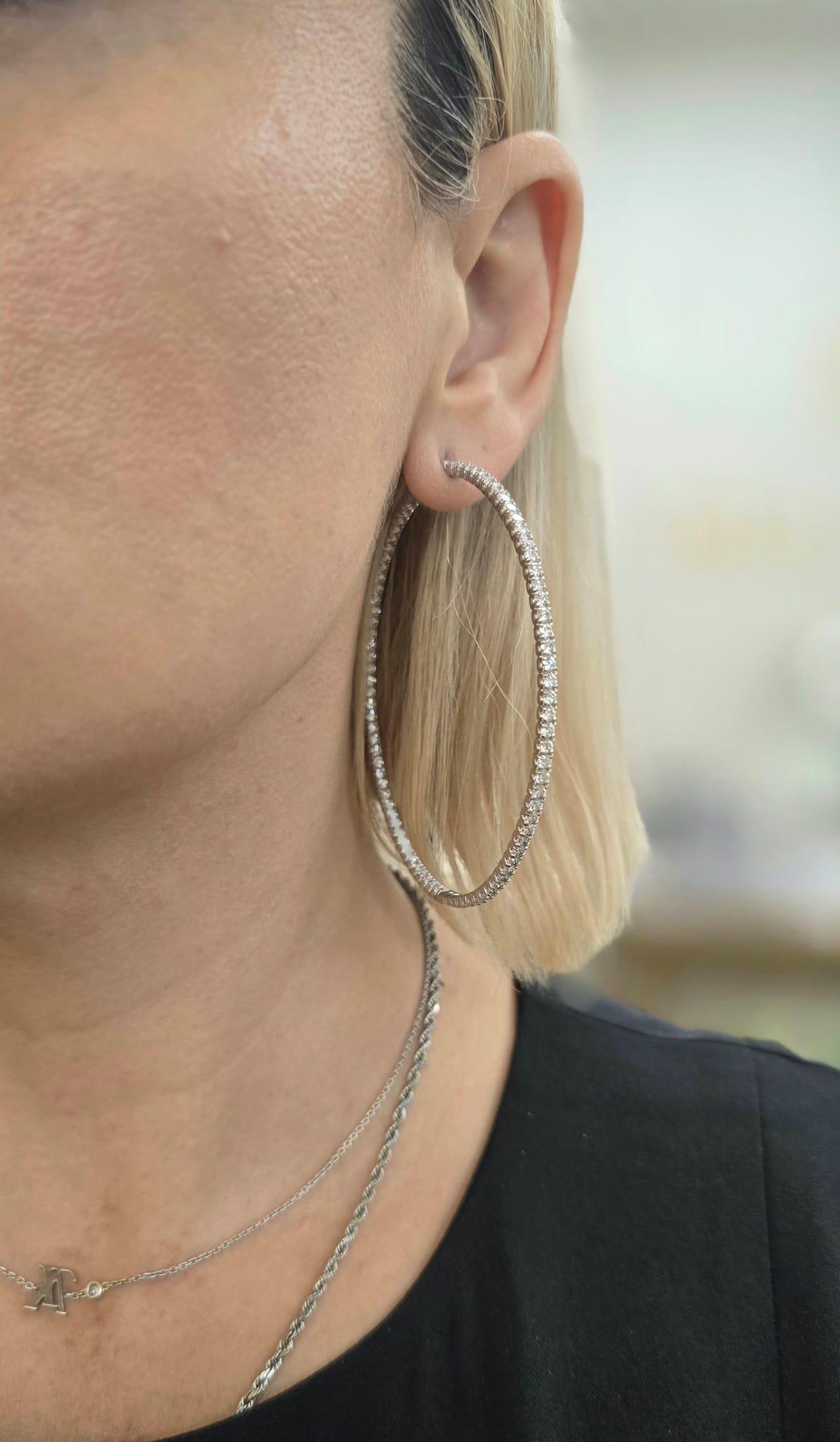 Diana M. Custom 8.70 Cts. Diamond Hoop Earrings 18K White Gold In New Condition For Sale In New York, NY