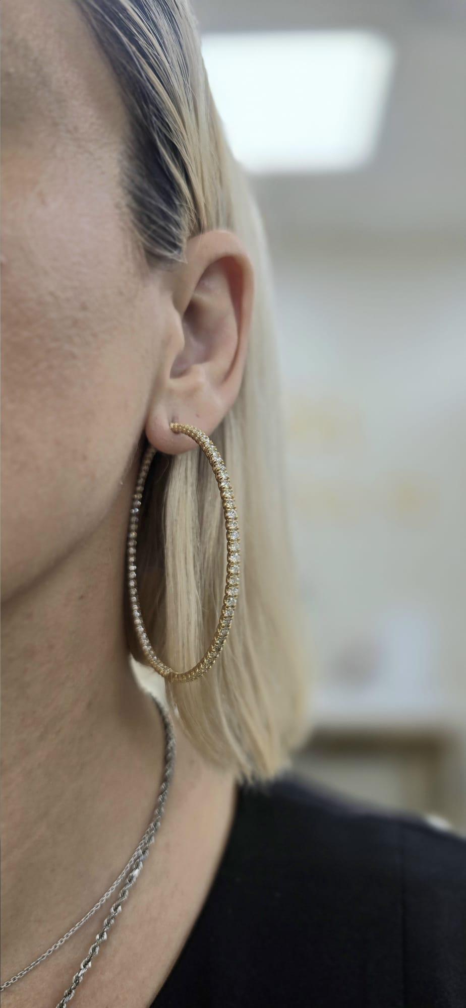 Diana M. Custom 7.50 Cts. Diamond Hoop Earrings 18K Yellow Gold In New Condition For Sale In New York, NY