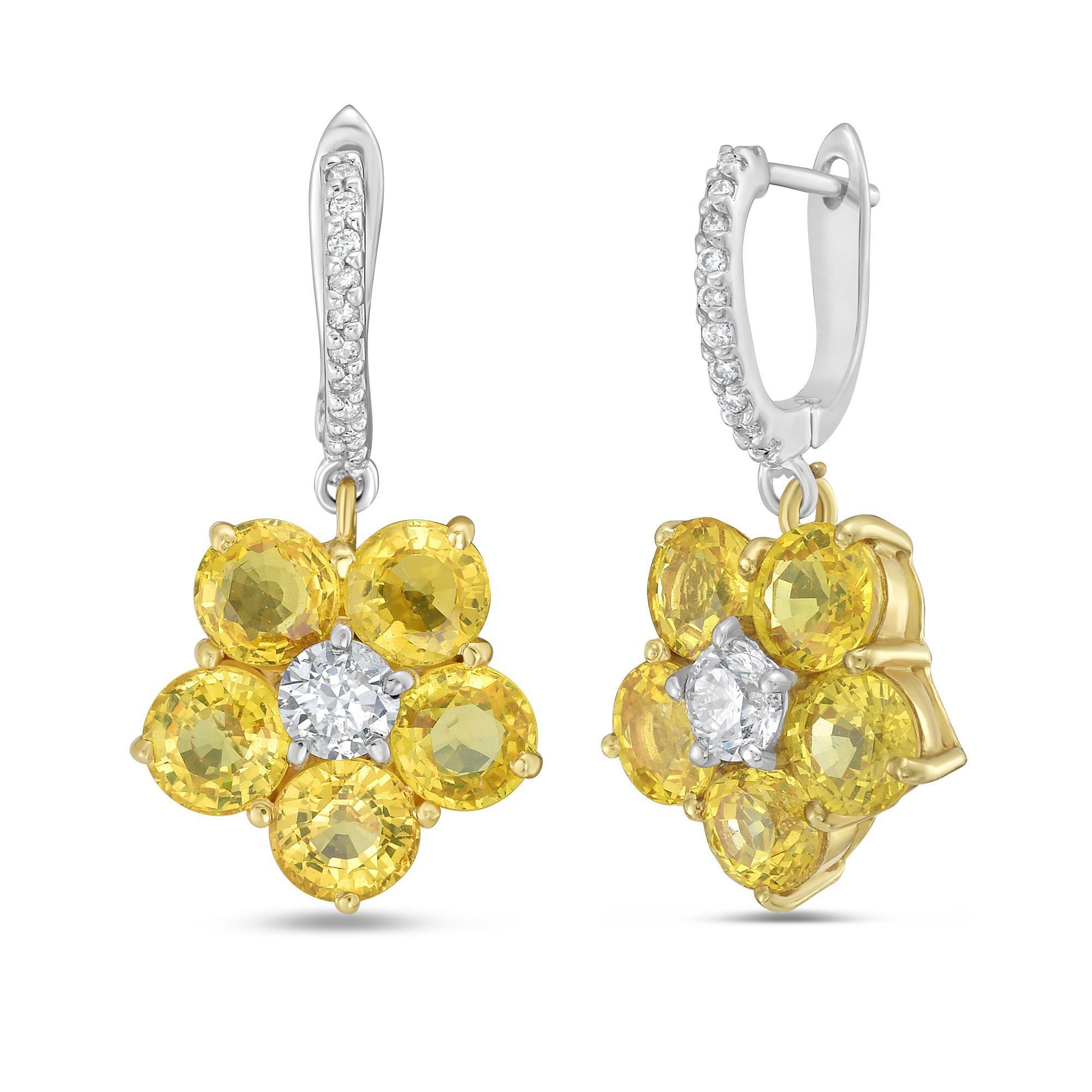 Moderne A&M Boucles d'oreilles Fleur de saphir jaune de 7,28cts et de diamant de 0,68cts en vente