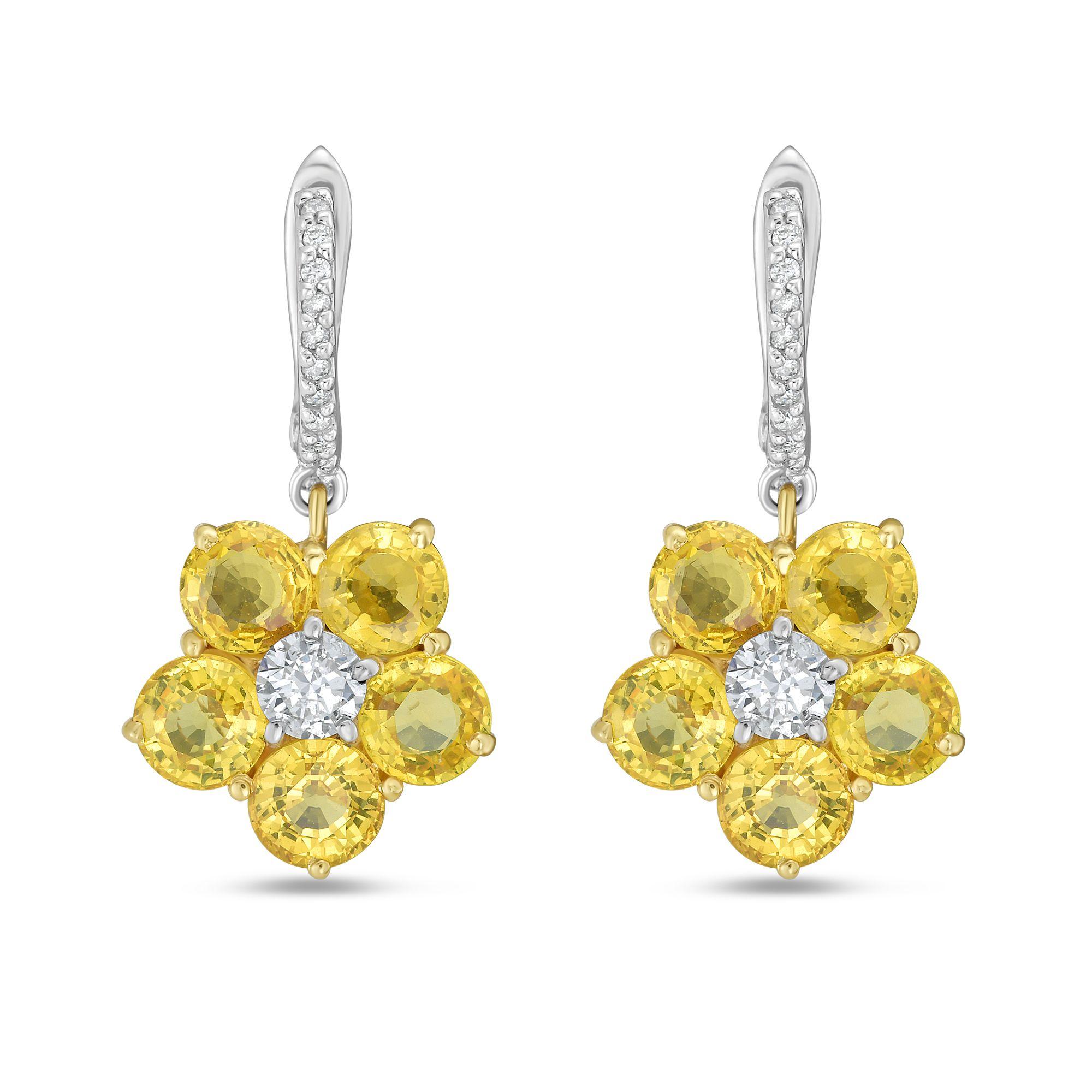 Taille ronde A&M Boucles d'oreilles Fleur de saphir jaune de 7,28cts et de diamant de 0,68cts en vente