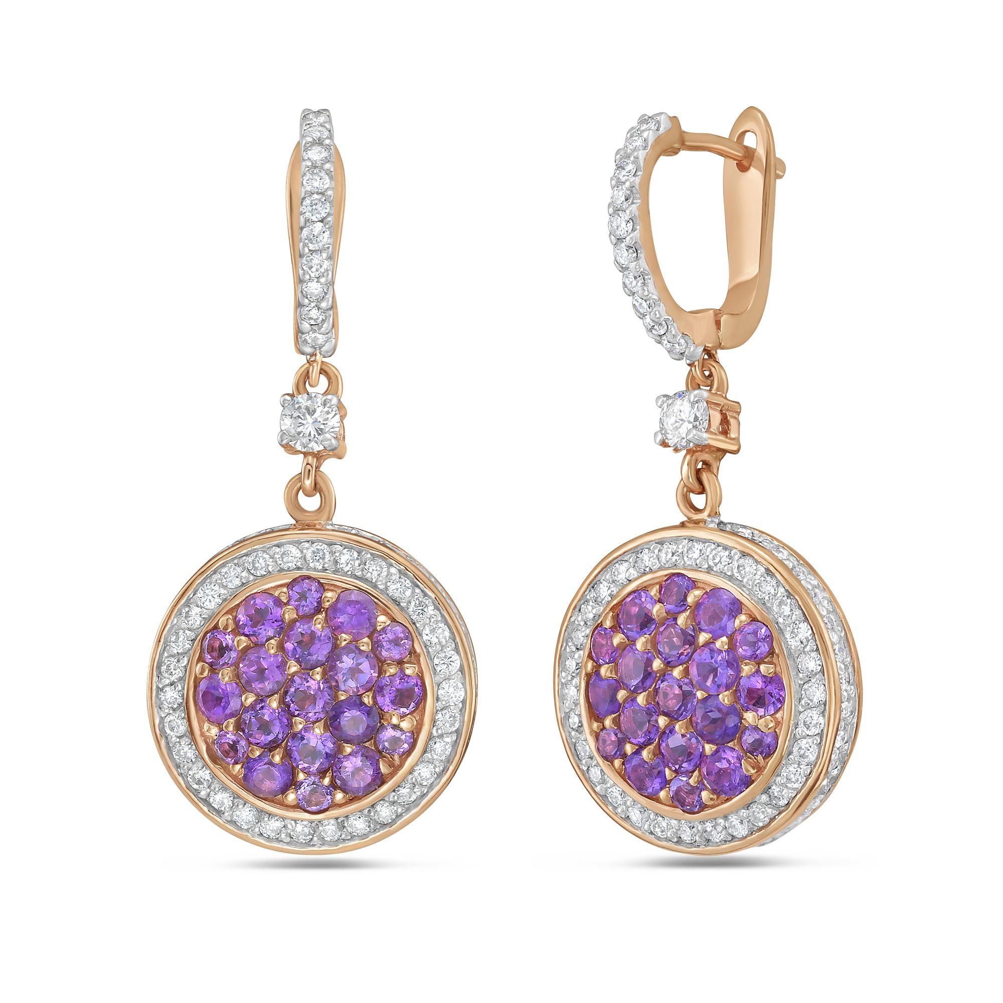 Taglio rotondo Diana M 1,41cts Ametista e 1,03cts Diamante Orecchini a goccia in vendita