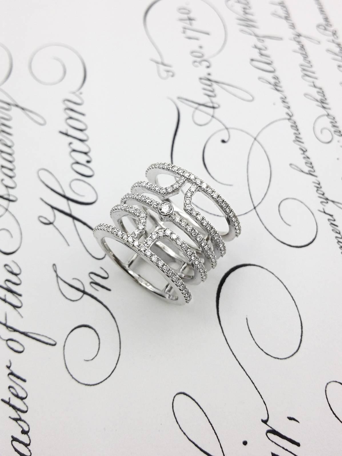 Women's 18 Karat White Gold Multi Row Diamond Ring For Sale