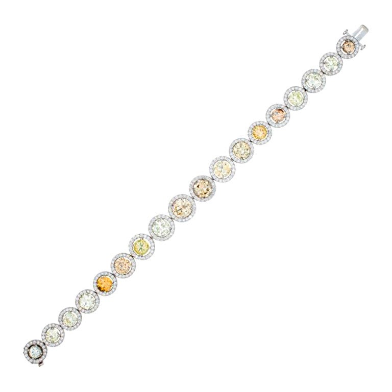 Champagne, Yellow and Green Diamond Bracelet in Platinum For Sale