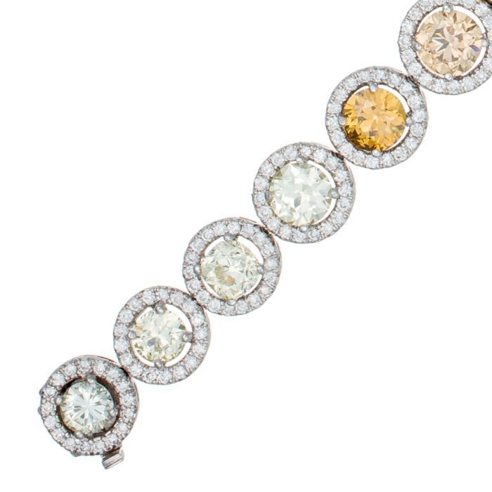 Champagne, Yellow and Green Diamond Bracelet in Platinum In New Condition For Sale In New York, NY