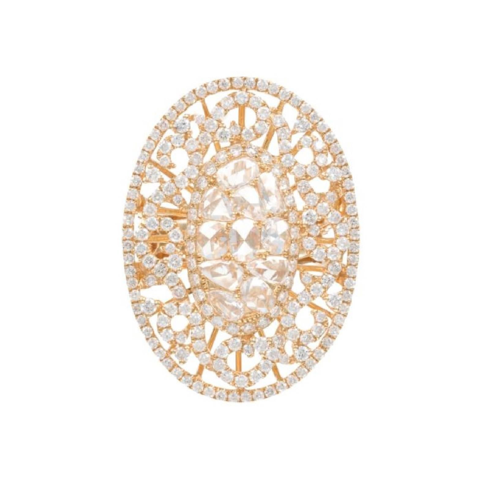 18K yellow gold diamond ring with 5.00 carats of European cut and round brilliant cut diamonds 

Diamond specifications:
F/G color, VS/SI clarity

This product comes with a certificate of appraisal
This product will be packaged in a custom