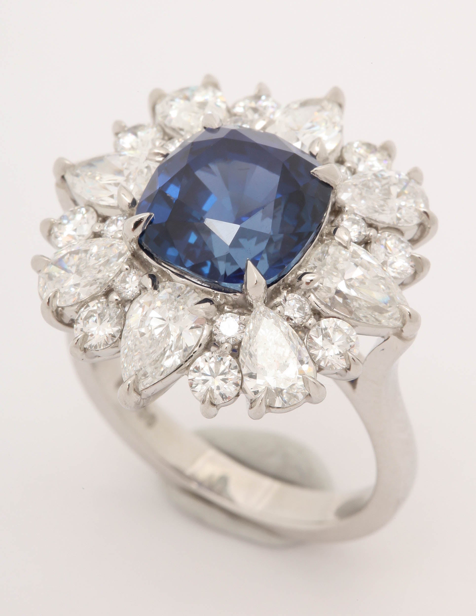 Unheated GIA Cert 5.98 Carat Burmese Sapphire Diamond Platinum Ring For Sale 2