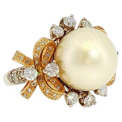 14k South Sea Pearl Cocktail Ring with Diamond Bow Motif