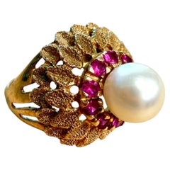 Floral Pearl and Ruby Cocktail Ring in 14k Yellow Gold