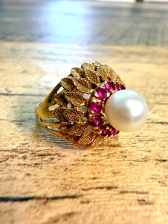 Floral Pearl and Ruby Cocktail Ring in 14k Yellow Gold