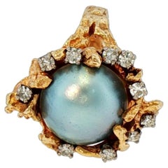 Textured Antique "Brutalist" Style Yellow Gold Mabe Pearl and Diamond Accent