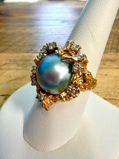 Textured Antique "Brutalist" Style Yellow Gold Mabe Pearl and Diamond Accent