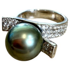 Tahitian Pearl 18k White Gold Pearl Bypass Cocktail Ring with Diamond Accents