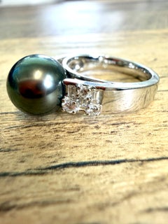Tahitian Black Pearl and Diamond Cocktail Ring in 18k White Gold